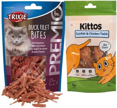 Kittos Nutrients Rich Jerky Strips, 35g and Trixie PREMIO Filet Snacks, 50g (Combo) Chicken, Duck, Fish Cat Treat(85 g, Pack of 2)