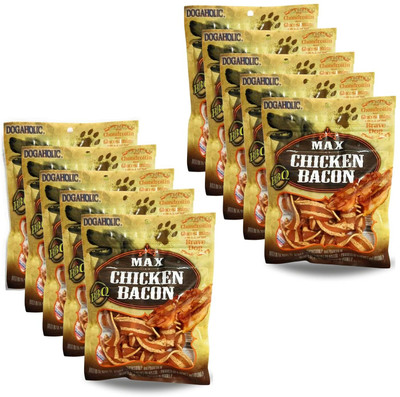 Dogaholic Max Chicken Bacon BBQ Strips Treat for Dogs - 130gm (Pack of 10) Chicken Dog Treat(1.3 kg, Pack of 10)