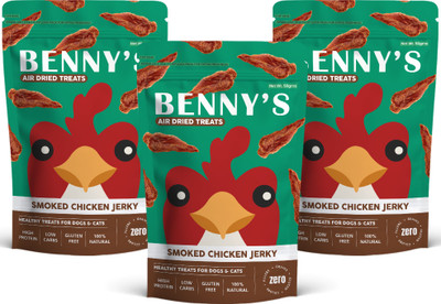 Benny's Bowl High-Protein, Snack | Real Ingredients | Slow-Dried, Healthy & Tasty Jerky Smoked Chicken Dog & Cat Treat(150 g, Pack of 3)