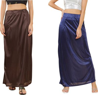 Lootnixx SATIN_SP_DARK_BROWN+NAVY_BLUE Petticoat Combo For women Medium Pure Satin Petticoat(Medium)