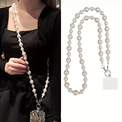 DAREBYGOLDENERA Fancy Pearl Mobile Chain | Beaded Crystal Phone Charm(White)