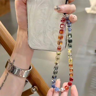 DAREBYGOLDENERA Chic Crystal Bead Strap with Wrist Grip and Tether Tab Phone Charm(pearl)