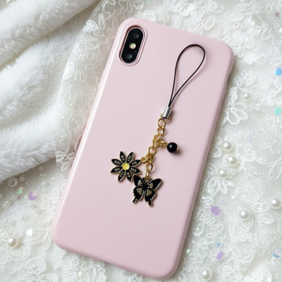 SNOWY SHOP Butterfly Flower Pendant Mobile Hanging Bag Strap & Keychain for Girls Women Phone Charm(Black)