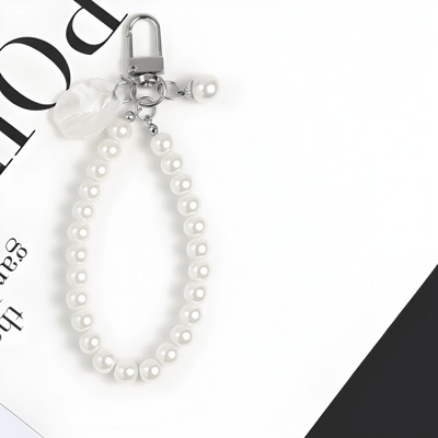 Unicorn Jewels Elegant Pearl Beaded Phone Wristlet with Shell Charm & Keychain Clasp Phone Charm(White)