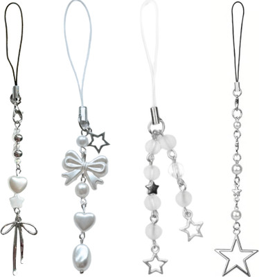 SNOWY SHOP 4pcs Aesthetic Silver Bow – Mobile Chain Stylish Accessory for Girls Phone Charm(White)