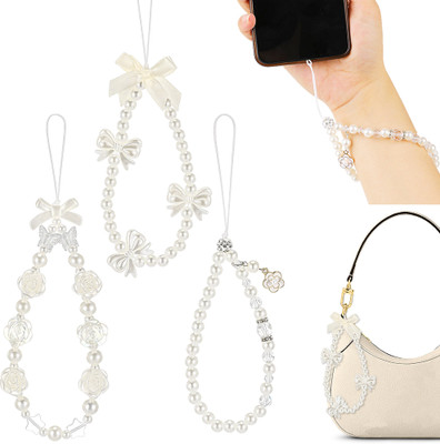 Velvetone 3Pcs Chic Pearl Beaded Phone Charm Lanyard Flower Bow Loop String Grip Lanyard Phone Charm(Beige)