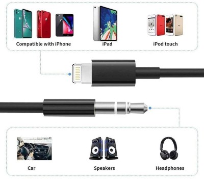 RHONNIUM Stereo Audio Cable 0.1 m Copper Braided Lightning to 3.5mm Headphone Jack Adapter Male Aux Stereo Audio(Compatible with IOS, Black, One Cable)