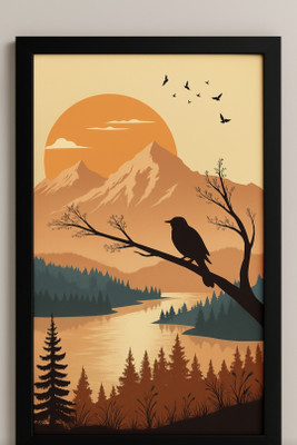 Mishra Mountain Sunset Bird Wall Art - For Living Room, Bedroom & Office 13 inch Photo(Black)