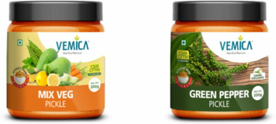 VEMICA Mix Veg and Green Pepper (200g) Pickle Combo Mixed Vegetable, Green Pepper Pickle(2 x 100 g)