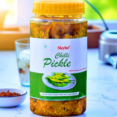 SKYBE Tangy Spicy Green Chilli Pickle | Authentic Homemade Desi Indian Taste Green Chilli Pickle(500 g)