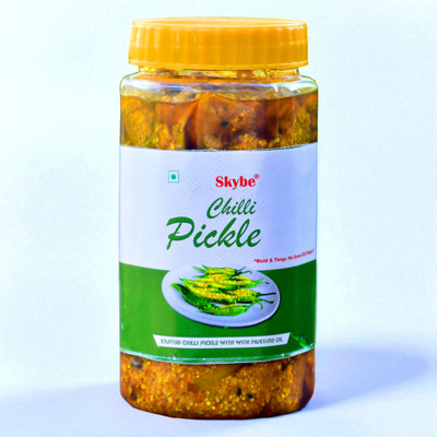 SKYBE Rajasthani Style Tangy Spicy Green Chilli Pickle | Authentic Homemade Green Chilli Pickle(500 g)
