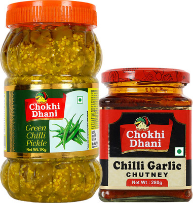 Chokhi Dhani Chilli Garlic Chutney, Green Chilli Combo, Spicy & Tasty Mixed Vegetable Pickle(2 x 0.64 kg)