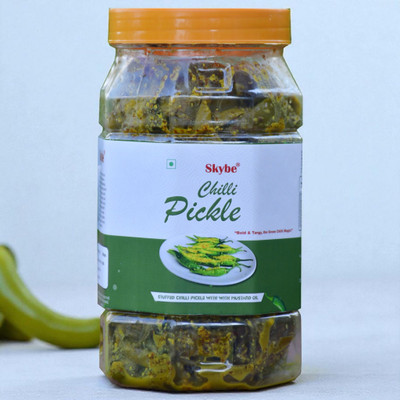 SKYBE Hot Green Chilli Pickle with Mustard Seeds and Spicy Mix Green Chilli Pickle(500 g)