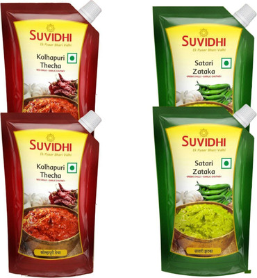 Suvidhi Kolhapuri thecha Pichku & Satari Thecha Pichku (Pack of 4) Green Chilli, Red Chilli, Garlic Pickle(4 x 100 g)