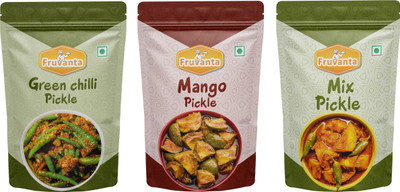 Fruvanta Green Chilli Pickle, Mix Pickle and Mango Pickle (200gm X 3) (Pack of 3) Mango Pickle(3 x 200 g)