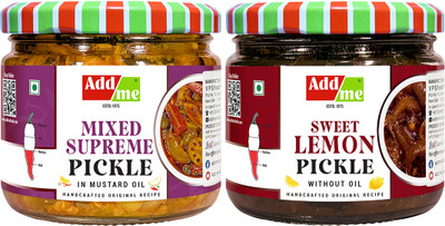 Add me Rajasthani Mix Achar Homemade Mixed Supreme Mango Chilli Lemon Carrot ker Ginger karonda lasoda Fruit Pickle 200gm & khatta meetha nimbu ka achar, Lime Pickle 200gm Combo Pack Glass Jar Mango, Lemon Pickle(2 x 200 g)