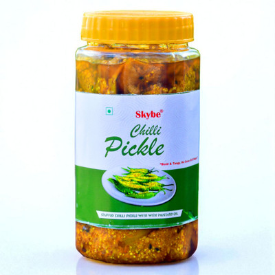 SKYBE Spicy Green Chilli Pickle | Tangy Homemade Authentic Rajasthani | 500g Green Chilli Pickle(500 g)
