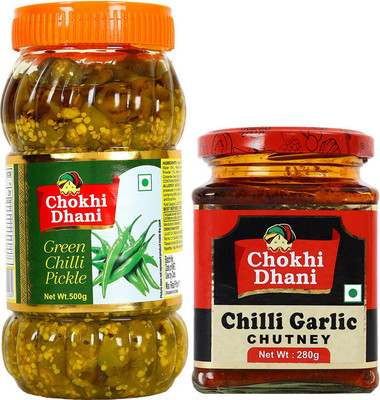 Chokhi Dhani Green Chilli Pickle, Chilli Garlic Chutney Combo, Spicy & Tasty Mixed Vegetable Pickle(2 x 0.39 kg)