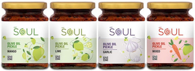 SOUL Pack Of 4 Mango Pickle Red Chilli Pickle Garlic Pickle Lime Pickle(4 x 270 g)