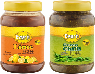 Everin Tasty Tangy and Ticklish Lime and Green Chilli Lemon, Green Chilli Pickle(2 x 125 g)