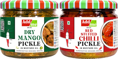 Add me Dry Mango Pickle, sukha North Indian aam ka achar 150gm & Red Stuffed Pickle, bharwa lal mirch 200gm Combo Pack Glass Jar Mango Pickle(2 x 175 g)