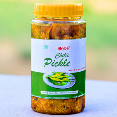 SKYBE Authentic Tangy Green Chilli Pickle | Indian Spicy Desi Traditional Taste Green Chilli Pickle(500 g)