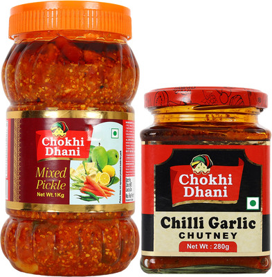 Chokhi Dhani Chilli Garlic Chutney, Mixed Combo, Spicy & Tasty Mixed Vegetable Pickle(2 x 0.64 kg)