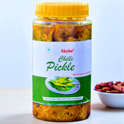 SKYBE Authentic Homemade Tangy Spicy Green Chilli Pickle | Desi Traditional Flavor Green Chilli Pickle(500 g)