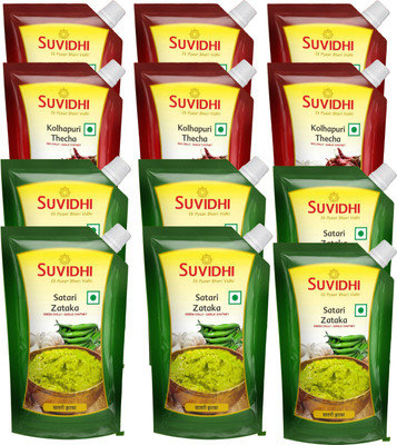 Suvidhi Kolhapuri thecha Pichku & Satari Thecha Pichku (Pack of 12) Green Chilli, Red Chilli, Garlic Pickle(12 x 0.1 kg)