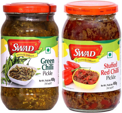 SWAD Combo Pack of Green Chili and Stuffed Red Chili Pickle | 400g Each Green Chilli, Red Chilli Pickle(2 x 400 g)