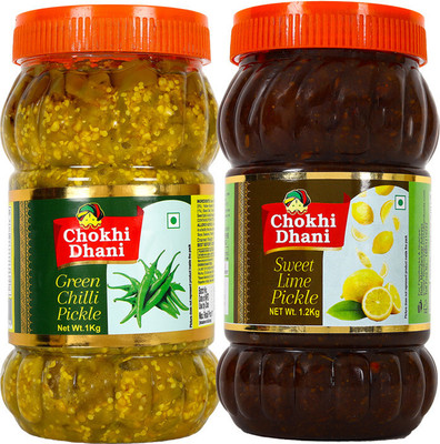Chokhi Dhani Green Chili Pickle 1kg, Sweet Lime Pickle 1kg, Spicy & Tasty, Instant Premix Mixed Vegetable Pickle(2 x 1 kg)
