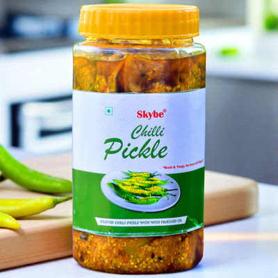 SKYBE Traditional Tangy Spicy Green Chilli Pickle | Pure Homemade Indian Taste Green Chilli Pickle(500 g)