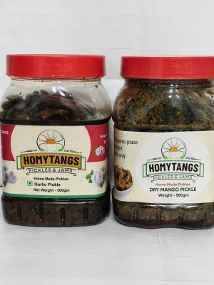 Homytangs Combo Pack of Homemade Garlic & Mango Pickle Achar | Traditional Achar Pack of 2 Garlic, Raw Mango(Kairi) Pickle(1 kg)