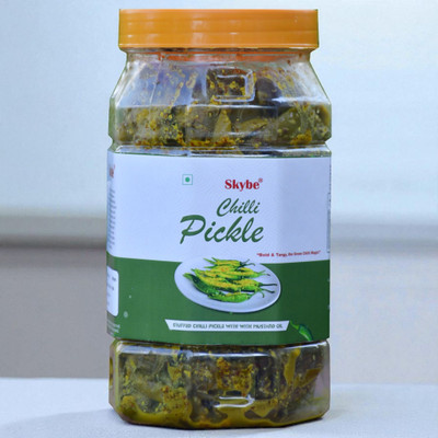 SKYBE Spicy Green Chilli Pickle with Authentic Homemade Flavour Green Chilli Pickle(500 g)