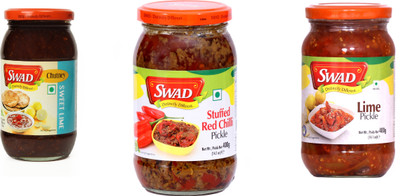 SWAD Combo Pack of Delicious Sweet Lime Chutney (500g), Stuffed Red Chilli Pickle (400g) and Lime Pickle (400g) | Pack of 3 Lime, Red Chilli Pickle(3 x 433.33 g)