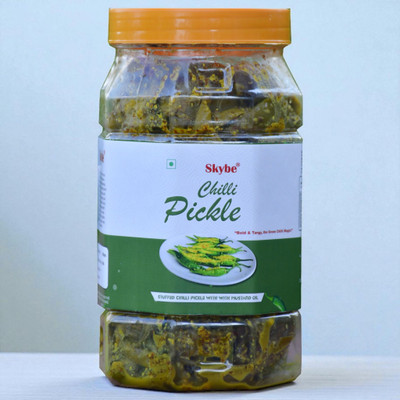 SKYBE Delicious Spicy Green Chilli Pickle with Tangy Flavour Green Chilli Pickle(500 g)