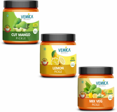 VEMICA Cut Mango, Lemon and Mix Veg (200g) Pickle Combo Mango, Lemon, Mixed Vegetable Pickle(3 x 200 g)