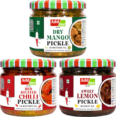 Add me Home Made Handmade Dry Mango Pickle sukha aam ka achar 150gm, Lemon Pickle khatta meetha nimbu ka achar 200gm & Chilli Pickle bharwa lal mirch 200gm, All in Mustard Oil Combo Pack Glass jar Mango Pickle(3 x 183.33 g)