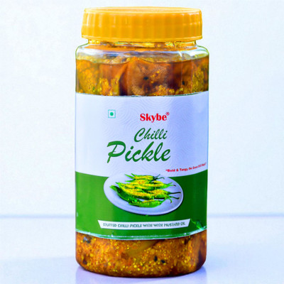 SKYBE Tangy Spicy Green Chilli Pickle | Desi Indian Taste with Homemade Perfection Green Chilli Pickle(500 g)