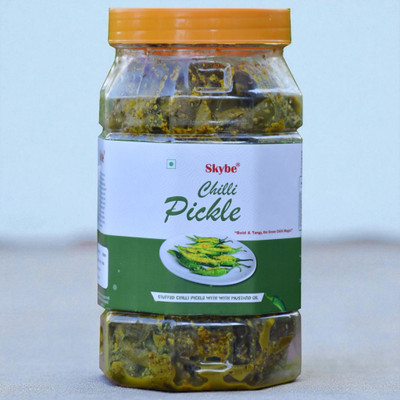 SKYBE Spicy Green Chilli Pickle with Natural Masala and Lemon Twist Green Chilli Pickle(500 g)