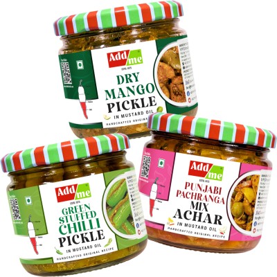 Add me Dry Mango Pickle 300g ! Green Stuffed Chilli 300g ! Punjabi Puchranga Mix 300g ! Mango, Green Chilli, Mixed Vegetable Pickle(3 x 300 g)