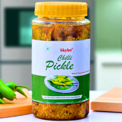 SKYBE Authentic Spicy Green Chilli Pickle | Homemade Tangy Traditional Indian Flavor Green Chilli Pickle(500 g)