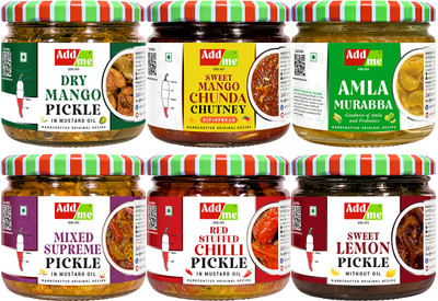 Add me Combo Pack 6 in 1 Dry Mango 150gm + Mixed Supreme Pickle 200gm + amla murabba 200gm + Lemon Pickle 200gm + Chilli pikcle 200gm + Sweet Mango jeera Chutney 200gm Glass Pack Mango Pickle(6 x 191.67 g)