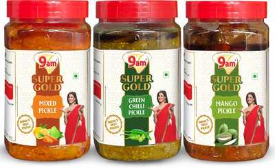 9am Pack of 3 Super Gold Green Chilli, Mango, Mixed Pickle(3 x 900 g)