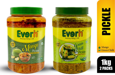 Everin Homemade Tasty Tangy and Ticklish Mango, Green Chilli Pickle(2 x 1000 g)