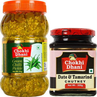 Chokhi Dhani Date & Tamarind Chutney, Green Chilli Combo, Spicy & Tasty Mixed Vegetable Pickle(2 x 0.65 kg)