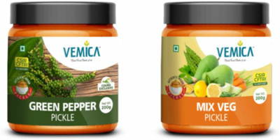 VEMICA Mix Veg and Coorg Green Pepper Pickle Combo Green Pepper, Mixed Vegetable Pickle(2 x 200 g)