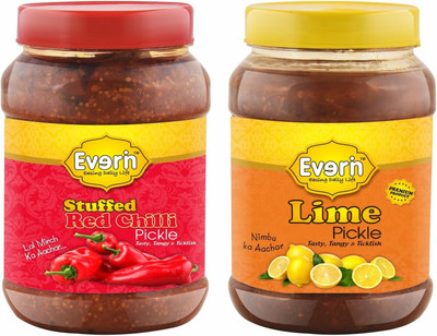 Everin Tasty Tangy and Ticklish Red Chilli and Lime Red Chilli, Lemon Pickle(2 x 125 g)