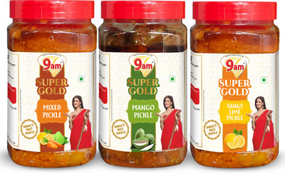 9am Pack of 3 Super Gold -Mango,Tangy Lime. Mixed Pickle(2700 g)