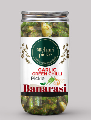 ACHARI PICKLES Banarasi Garlic+Green Chilli Pickle-Banarasi Style-Lehsun Harimirch Ka Achar Garlic, Green Chilli Pickle(400 g)